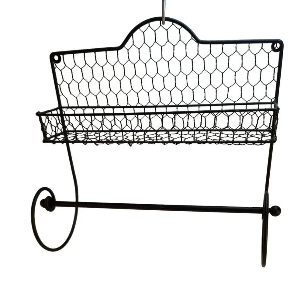 Black Metal Wire Wall-Mounted Shelf & Paper Towel Holder With Decorative Chicken - Picture 5 of 8